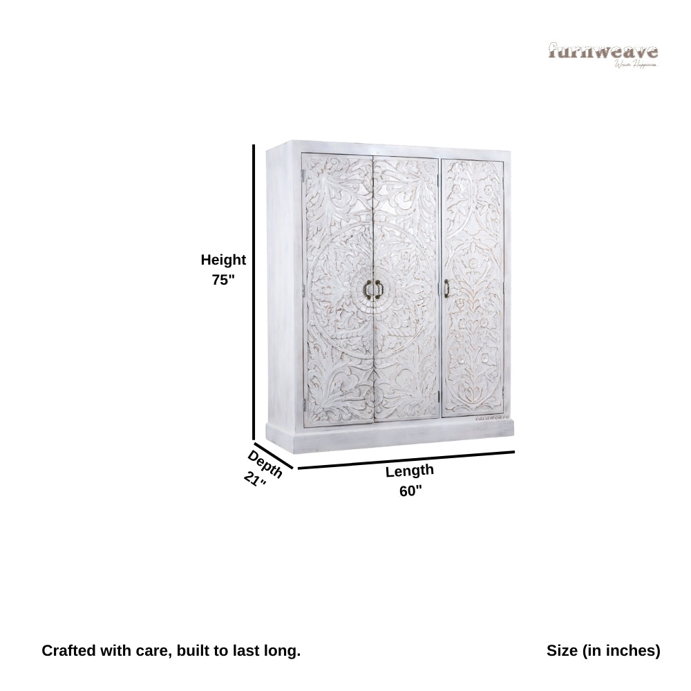 Khame Wooden Carved Storage Three Door Wardrobe (White Distress)