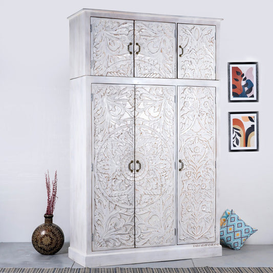 Khame Wooden Carved Storage Three Door Wardrobe with Maliya (White Distress)