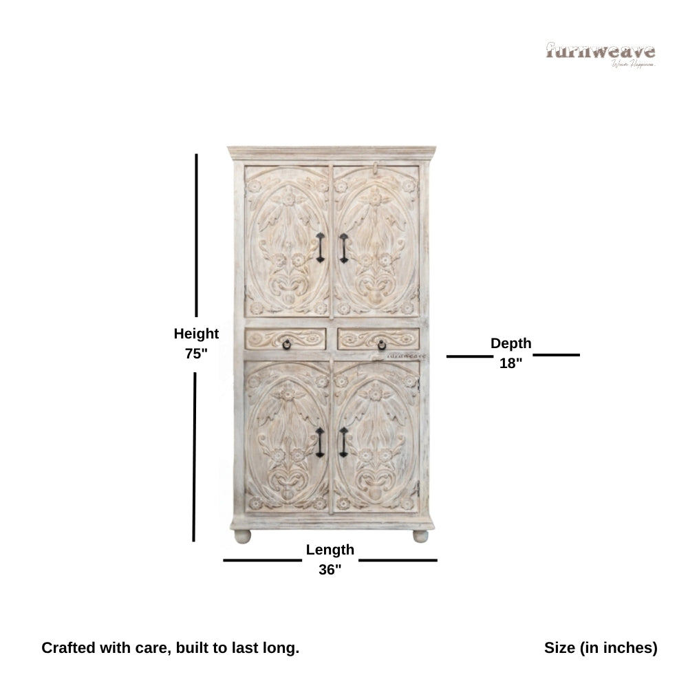 Meuble Wooden Carved Storage Wardrobe Almirah (Off White Distress)