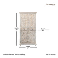 Meuble Wooden Carved Storage Wardrobe Almirah (Off White Distress)