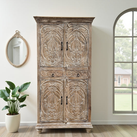 Meuble Wooden Carved Storage Wardrobe Almirah (Grey Brown Distress)