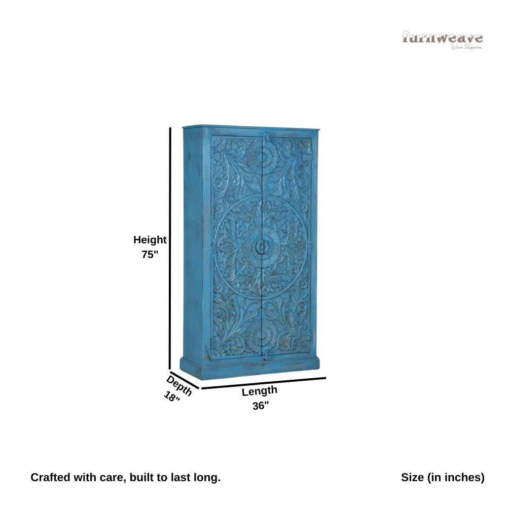 Jodhpur Wooden Carved Almirah for Storage (Blue Distress)