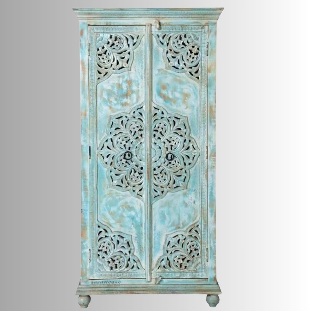 Karila Wooden Carved Storage Wardrobe Almirah (Light Blue Distress)