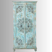 Karila Wooden Carved Storage Wardrobe Almirah (Light Blue Distress)