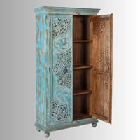 Karila Wooden Carved Storage Wardrobe Almirah (Light Blue Distress)