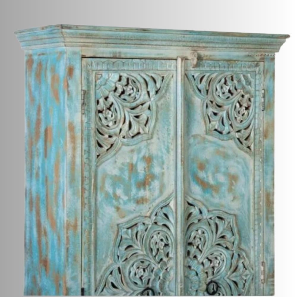 Karila Wooden Carved Storage Wardrobe Almirah (Light Blue Distress)