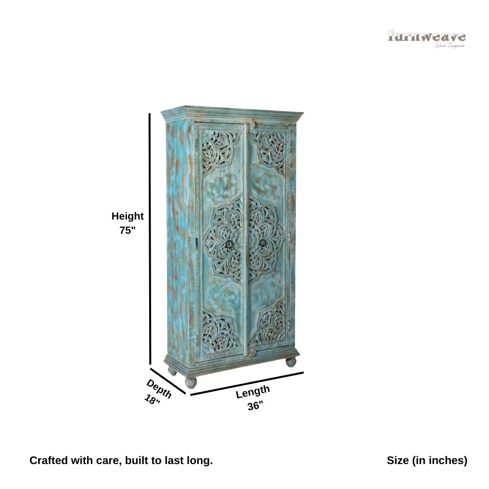 Karila Wooden Carved Storage Wardrobe Almirah (Light Blue Distress)