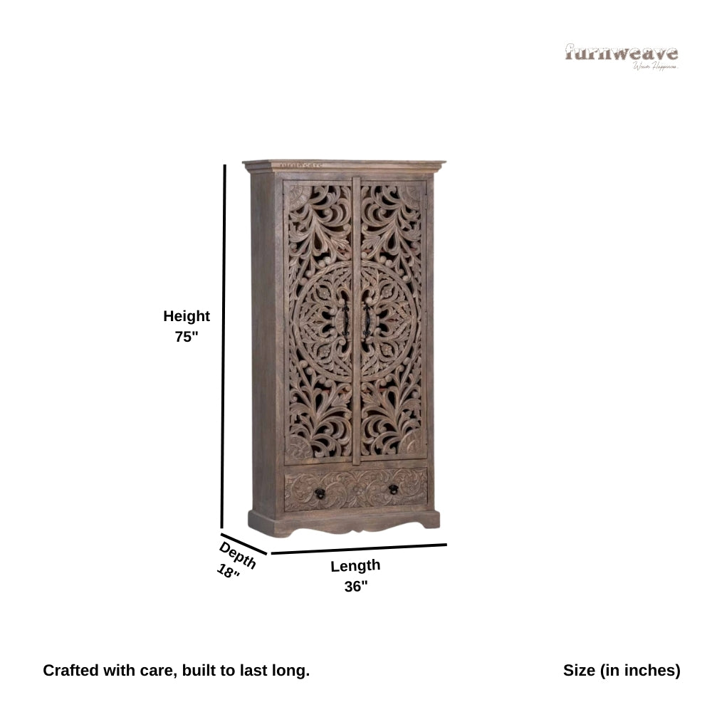 Ining Wooden Carved Wooden Wardrobe Almirah (Brown)