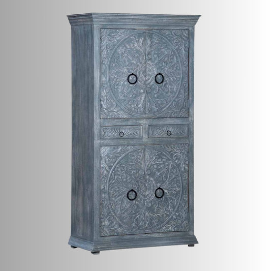 Wina Wooden Storage Almirah (Grey) | Wooden Cupboard | Wooden Wardrobe | Solid Wood Wardrobe | Wooden Storage Furniture | Solid Wood Furniture Online | Carved Furniture Online | Furnweave