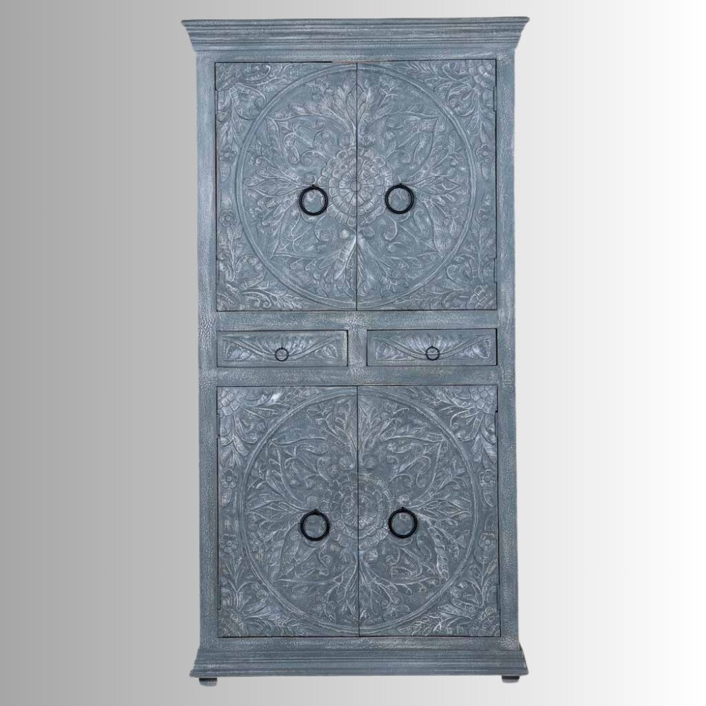 Wina Wooden Storage Almirah (Grey) | Wooden Cupboard | Wooden Wardrobe | Solid Wood Wardrobe | Wooden Storage Furniture | Solid Wood Furniture Online | Carved Furniture Online | Furnweave