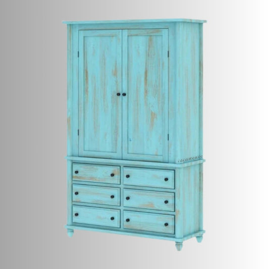 Akia Wooden Distress Wardrobe for Storage (Blue Distress) | Wooden Wardrobes | Solid Wood Wardrobe | Wooden Storage Furniture | Wooden Bedroom Furniture | Solid Wood Furniture Online | Furnweave