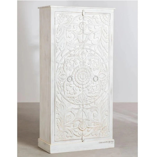Alea Wooden Carved Wardrobe Almirah (White Distress) | Wooden Wardrobes | Wooden Cupboards | Carved Furniture Online | 2 Door Wardrobe | Solid Wood Furniture Online | Furnweave