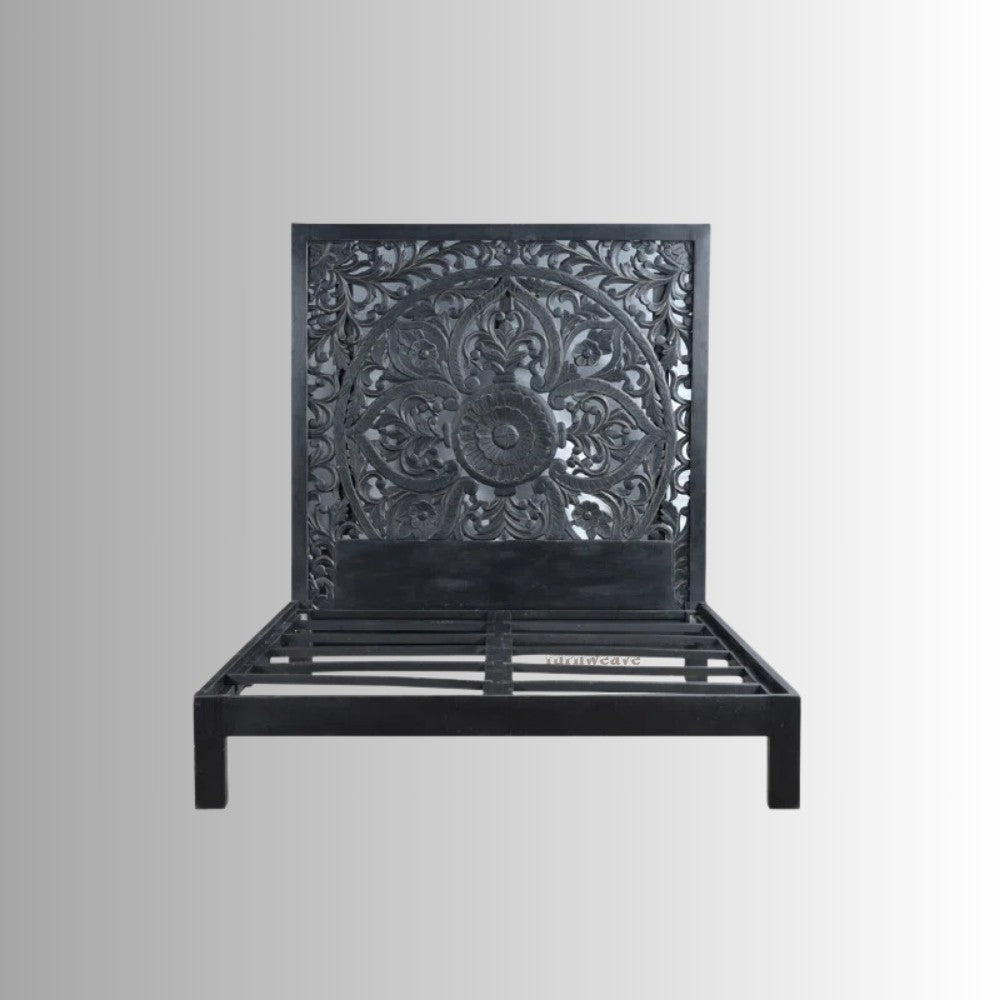 Praja Wooden Carved Designer Bed (Antique Black)
