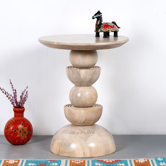 Karika Wooden Round Side Table (Cream Distress)