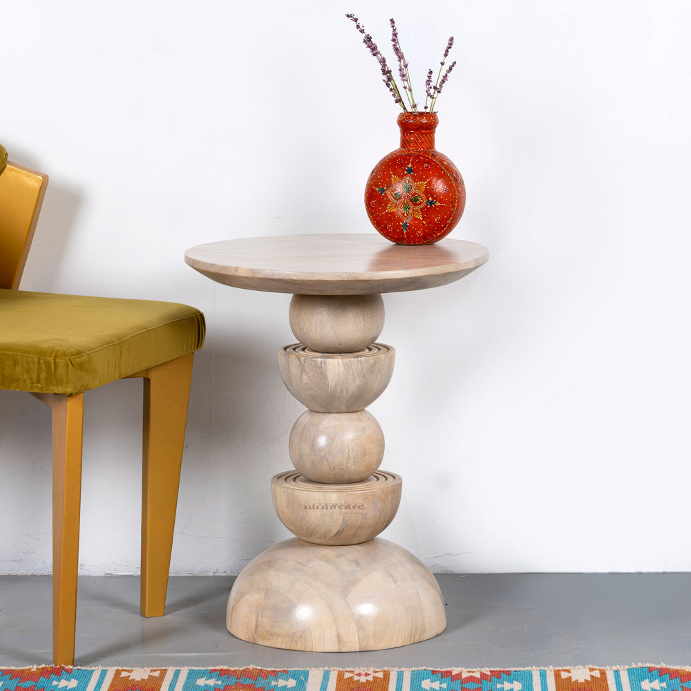 Karika Wooden Round Side Table (Cream Distress)
