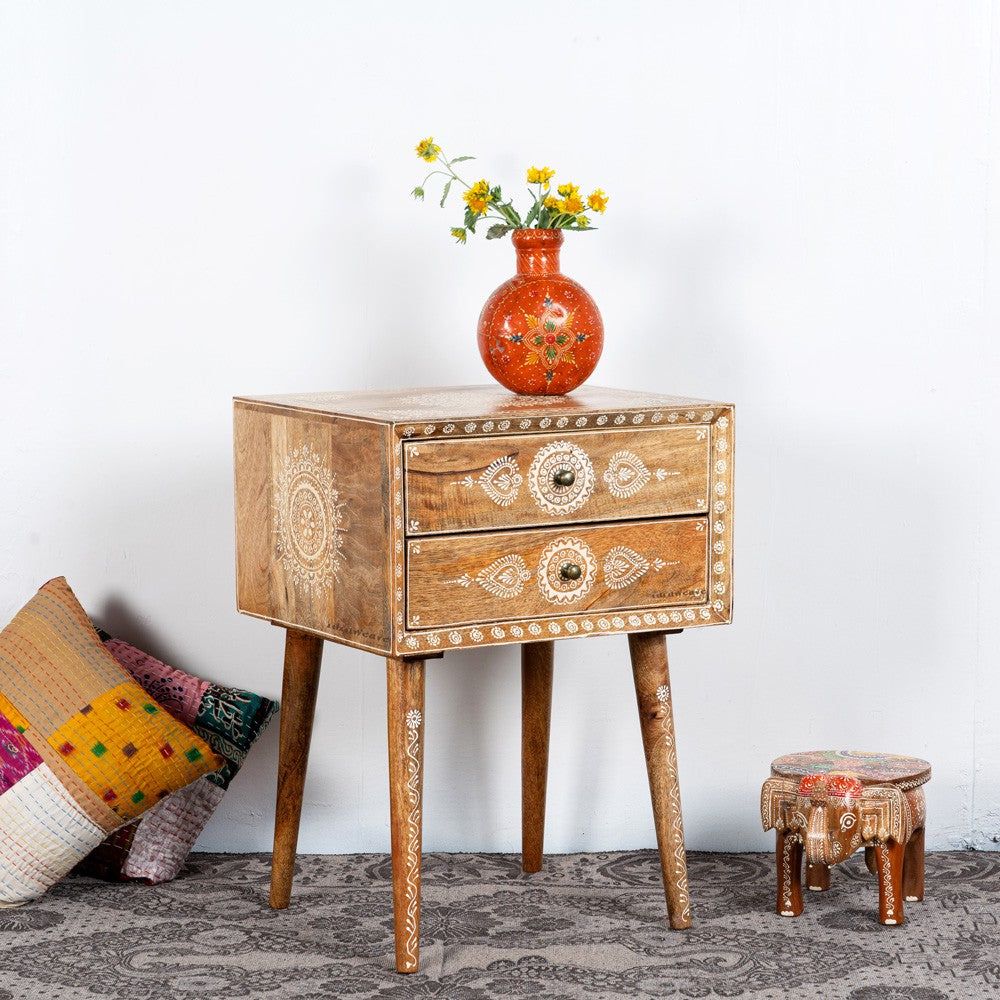 Apvan Wooden Handpainted Side Table (Natural) | Side table for living room | Wooden Bedside Table | Accent Tables | Wooden Handpainted Furniture Online | Solid Wood Furniture Online | Furnweave