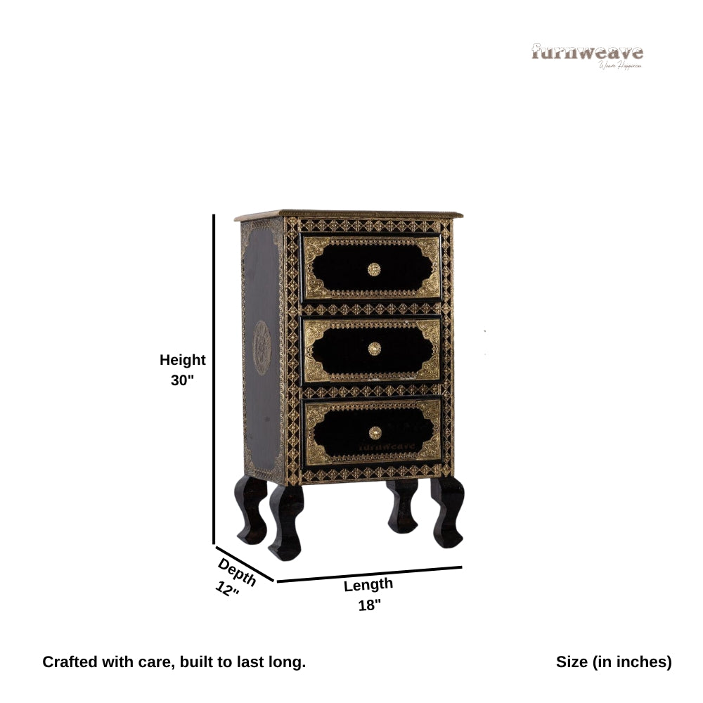 Salsa Wooden Brass Fitted Antique Side Table (Dark Black)