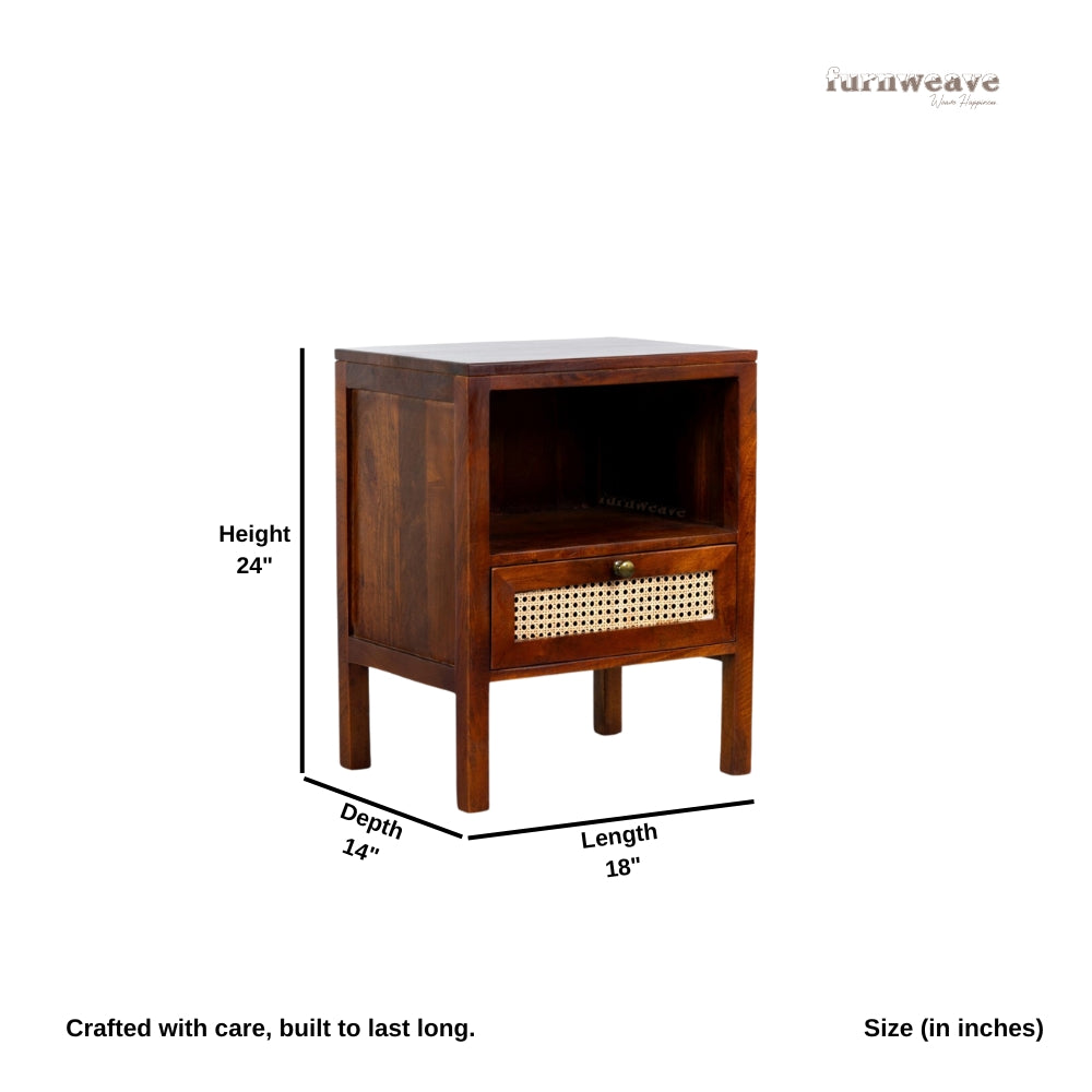 Safor Wooden Rattan Bedside (Teak Finish)