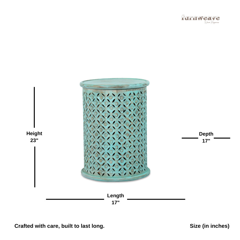 Silva Wooden Carved Side table (Turquoise Distress)
