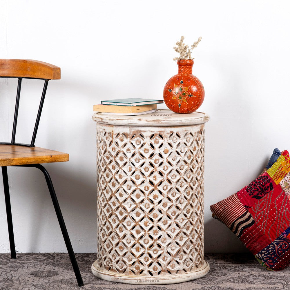 Silva Wooden Carved Side table (White Brown Distress)