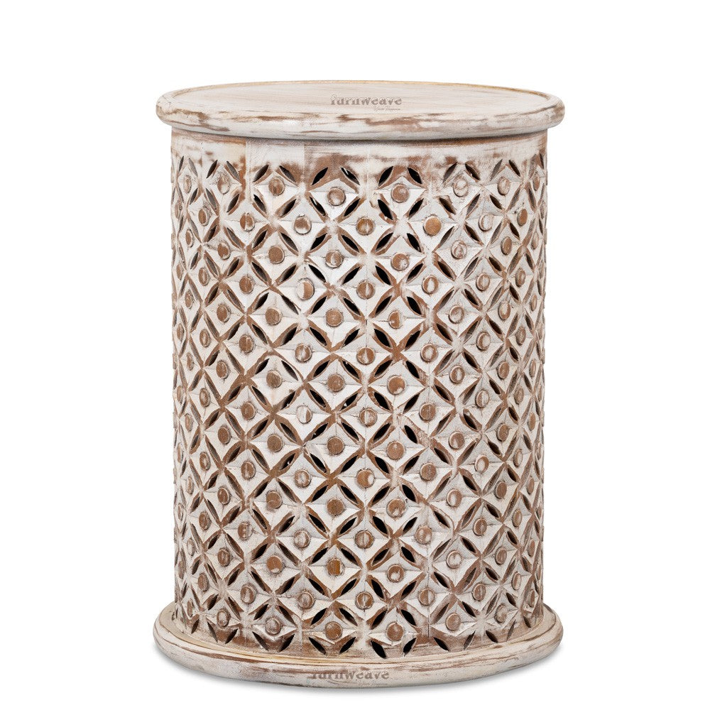 Silva Wooden Carved Side table (White Brown Distress)