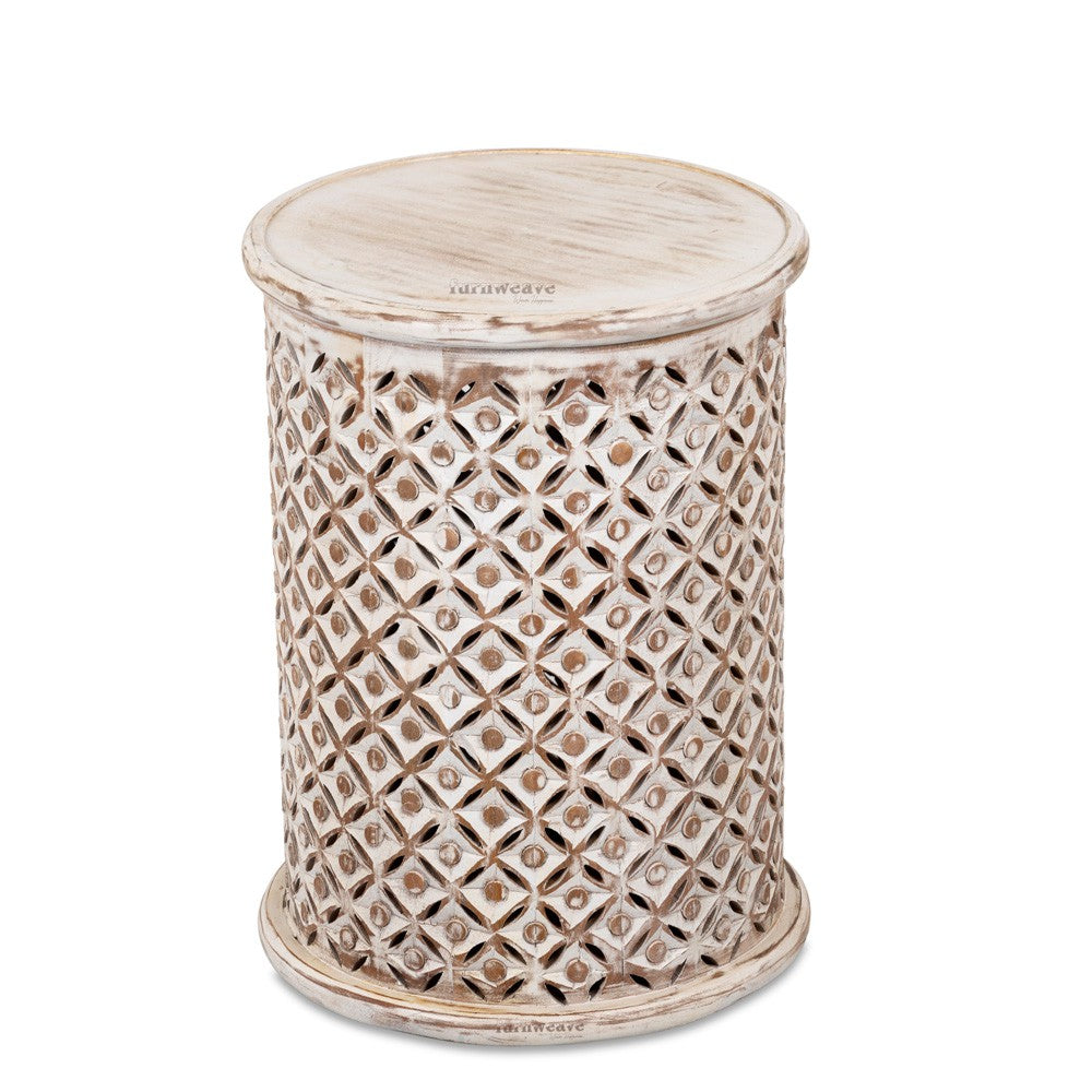 Silva Wooden Carved Side table (White Brown Distress)