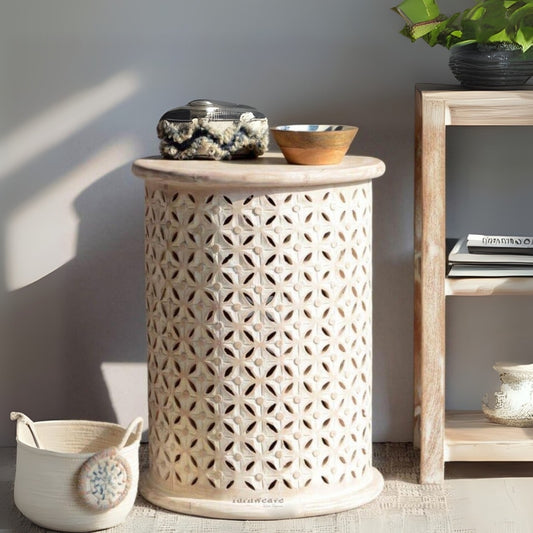 Silva Wooden Carved Side table (White Distress)