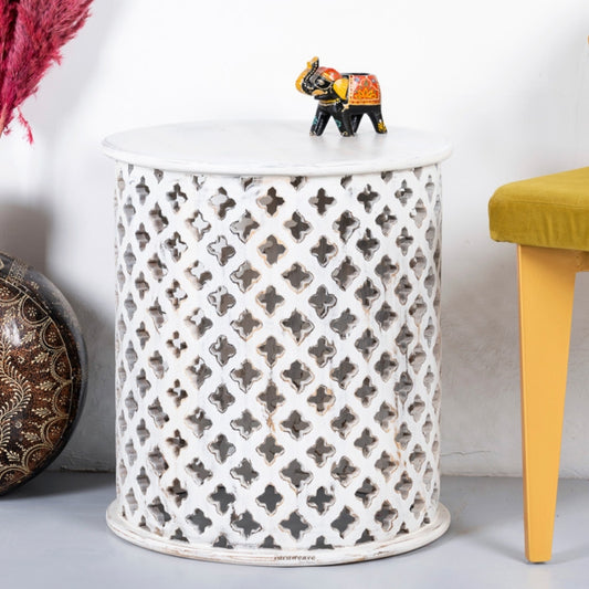 Jali Round Side Table (White Distress)