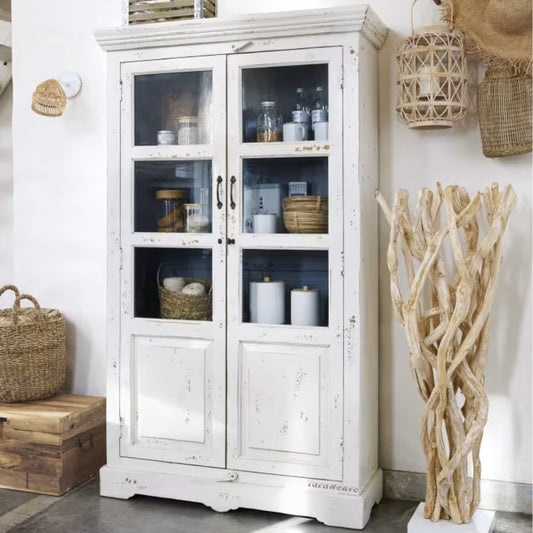 Wonse Wooden Antique Distress Cupboard (White Distress) | Wooden Wardrobe | Wooden Almirah | Cupboard for Bedroom | Solid Wood Storage Furniture | Solid Wood Furniture Online |  Furnweave