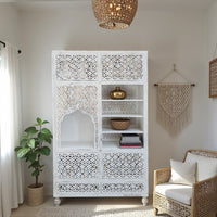 Namas Wooden Carved Storage Cabinet (White Distress)
