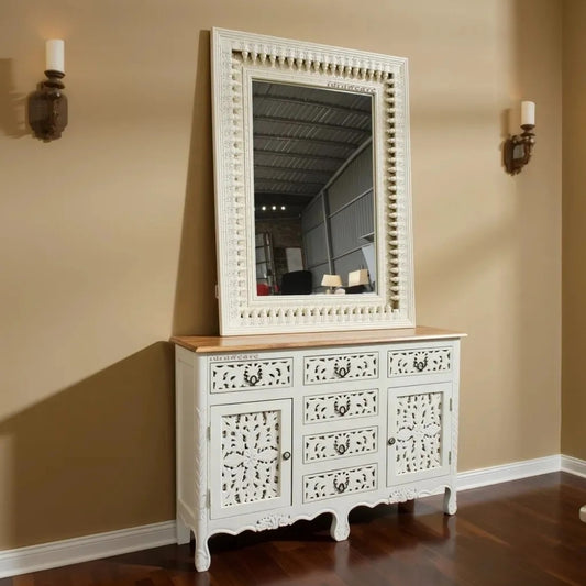 Ativia Wooden Carved Storage Sideboard and Mirror Frame Set (White Distress)