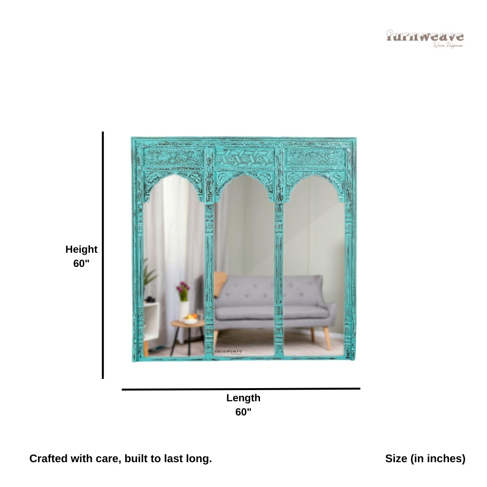 Haver Wooden Carved Mirror Frame Jharokha (Turquoise  Distress)