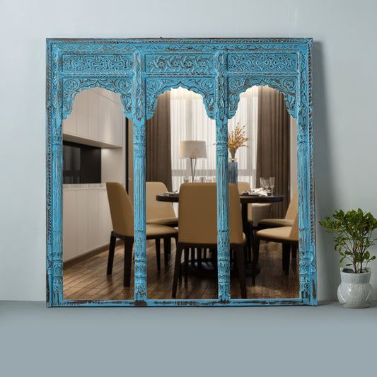 Haver Wooden Carved Mirror Frame Jharokha (Blue Distress)