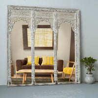 Haver Wooden Carved Mirror Frame Jharokha (White Distress)
