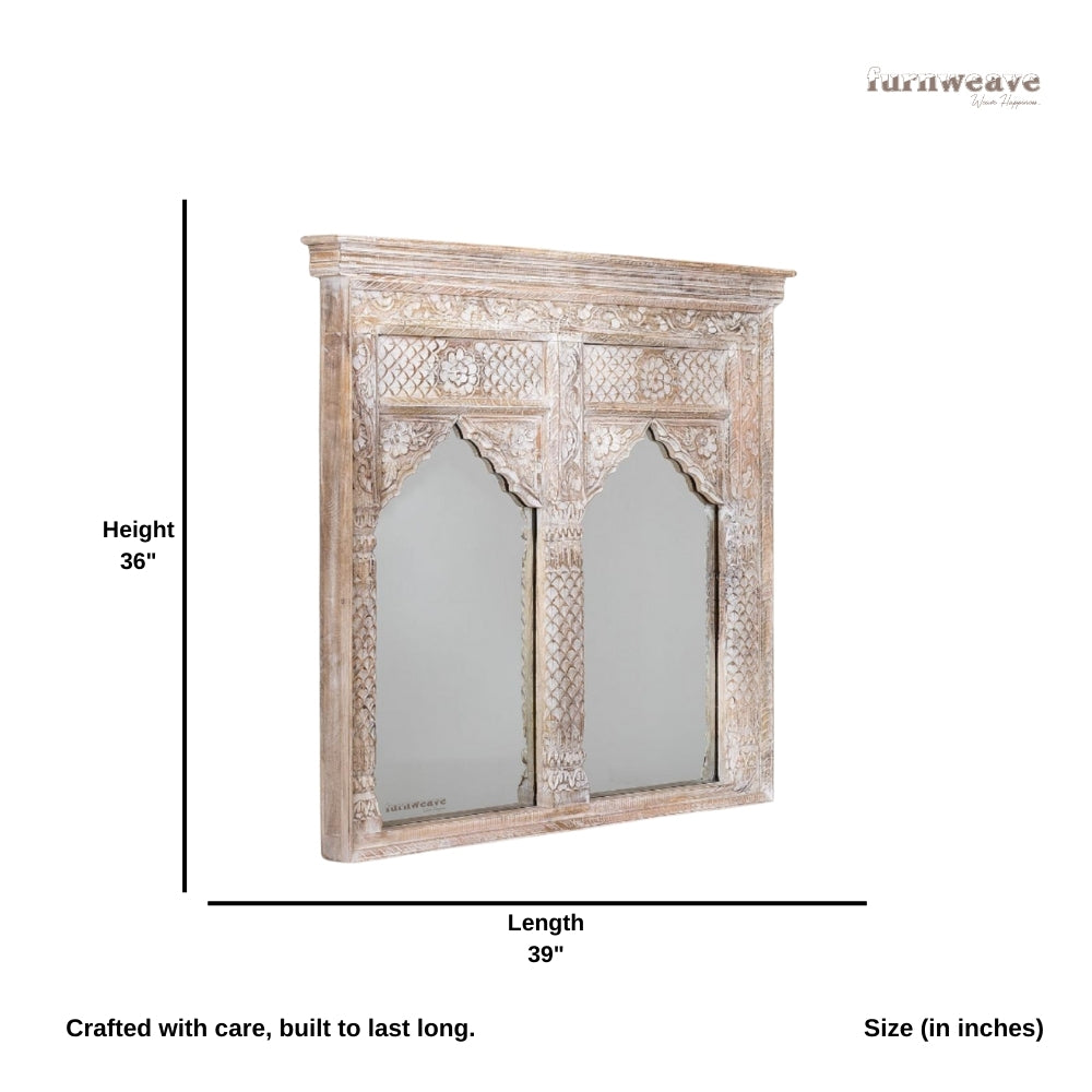 Jharo Two Arch Wooden Carved Mirror Frame (White Distress)