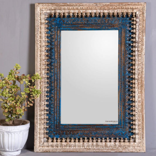 Uuvo Wooden Carved Wall Mirror Frame (White Blue Distress) | Wooden Mirror Frame | Carved Wall Frame Online | Solid Wood Furniture Online | Furnweave