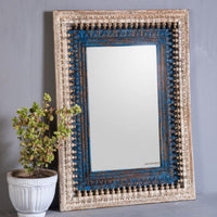Uuvo Wooden Carved Wall Mirror Frame (White Blue Distress) | Wooden Mirror Frame | Carved Wall Frame Online | Solid Wood Furniture Online | Furnweave