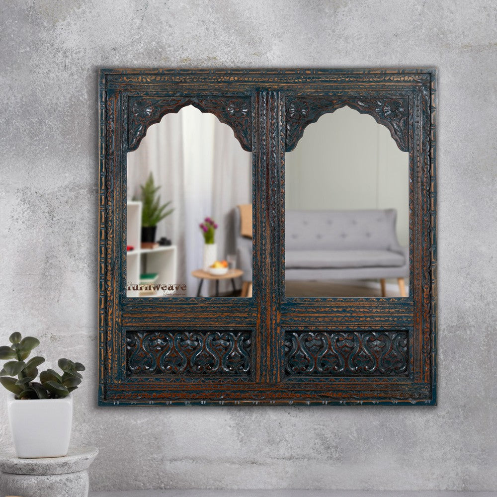 Prana Wooden Two Arch Carved Mirror Frame Jharokha (Rustic)