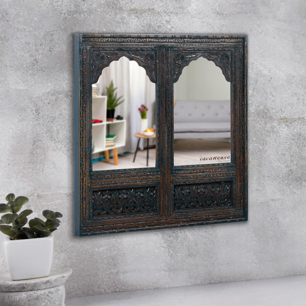 Prana Wooden Two Arch Carved Mirror Frame Jharokha (Rustic)