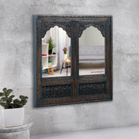 Prana Wooden Two Arch Carved Mirror Frame Jharokha (Rustic)