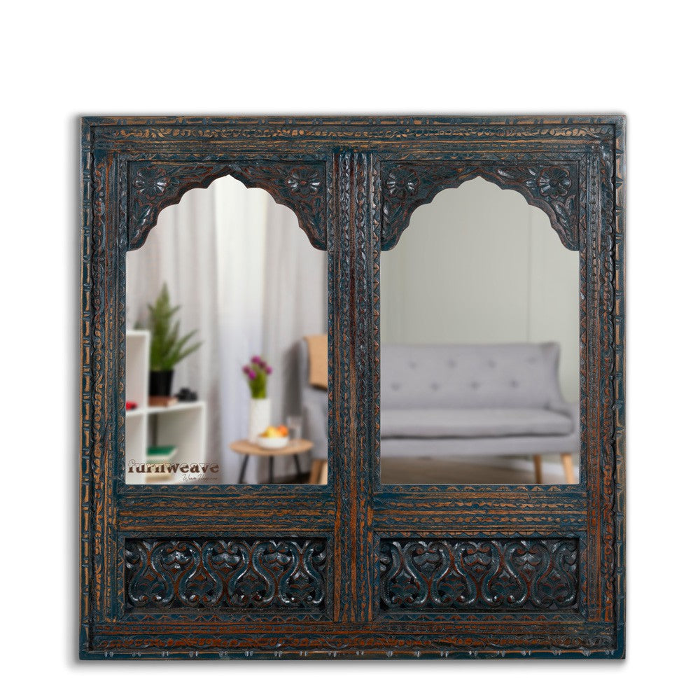 Prana Wooden Two Arch Carved Mirror Frame Jharokha (Rustic)