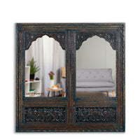 Prana Wooden Two Arch Carved Mirror Frame Jharokha (Rustic)