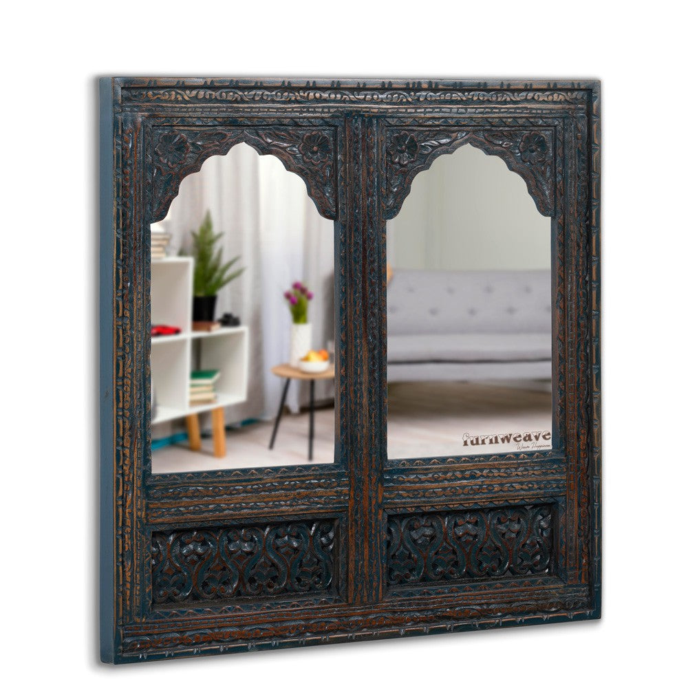 Prana Wooden Two Arch Carved Mirror Frame Jharokha (Rustic)