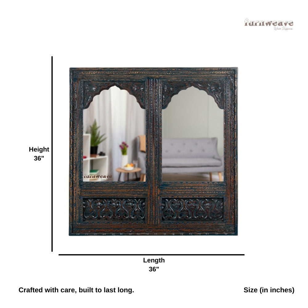 Prana Wooden Two Arch Carved Mirror Frame Jharokha (Rustic)