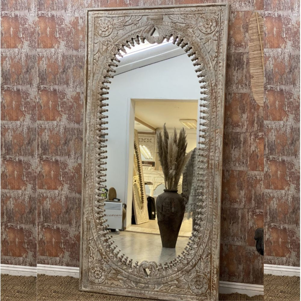 Ania Wooden Mirror Frame (Brown Distress) | Carved Mirror Frame | Carved Wooden Furniture Online | Mango Wood Furniture | Solid Wood Furniture Online | Bedroom Furniture Online | Furnweave
