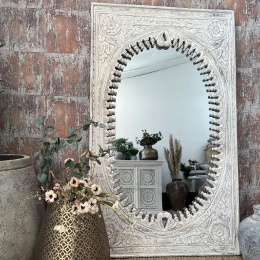 Ania Wooden Mirror Frame (White Distress) | Wooden Mirror Frame | Carved Mirror Frame | Solid Wood Furniture Online | Carved Furniture Online | Furnweave