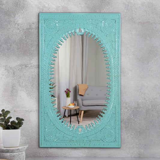 Ania Wooden Mirror Frame (Green Distress) | Green mirror Frame | Carved Mirror Frame | Jharokha Mirror Frame | Antique Mirror Frame | Solid Wood Furniture Online | Furnweave