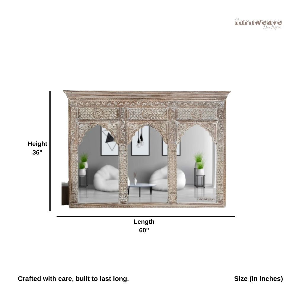 Jharo Wooden Carved Mirror Frame Jharokha (Brown Distress)
