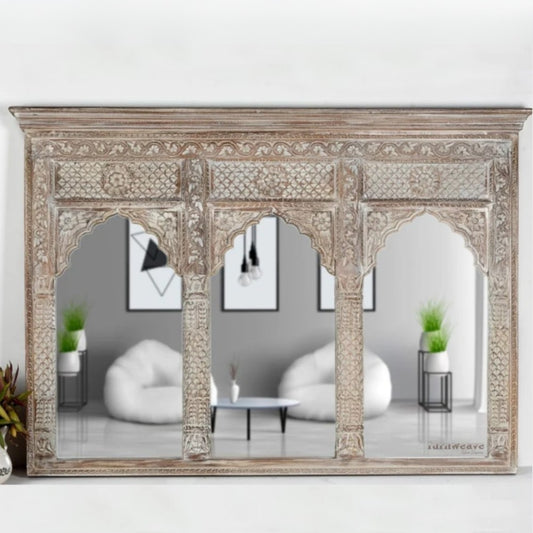 Jharo Wooden Carved Mirror Frame Jharokha (Brown Distress)