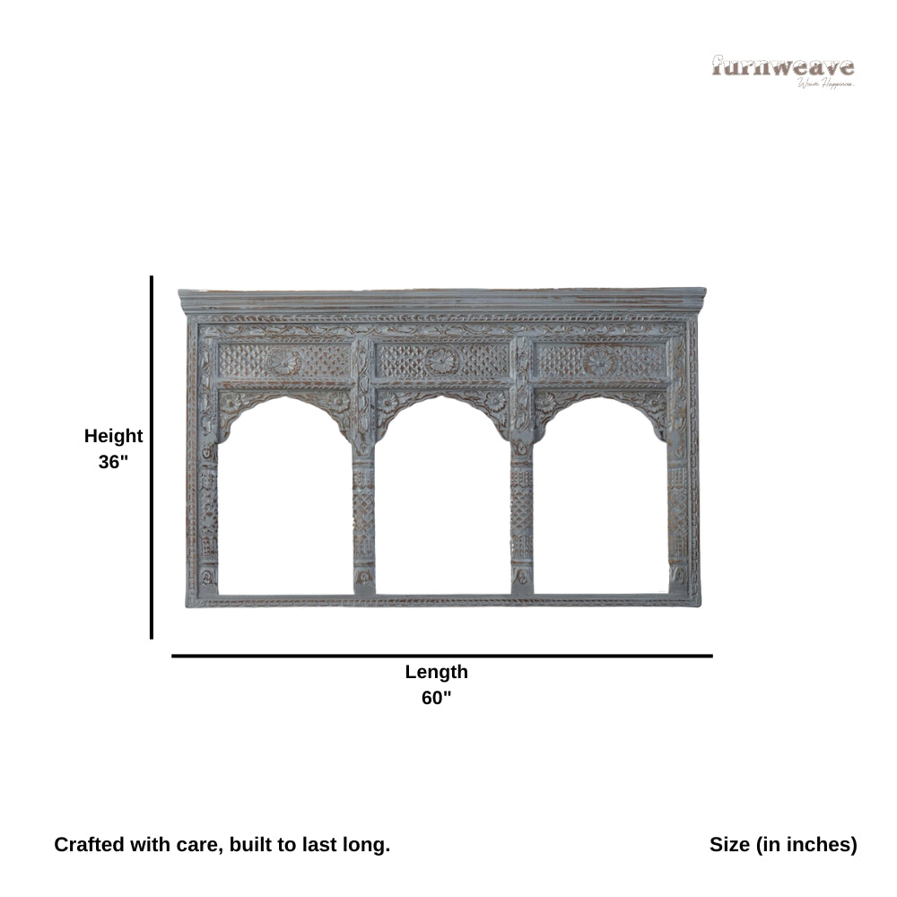 Jharo Wooden Carved Mirror Frame Jharokha (Grey Distress)